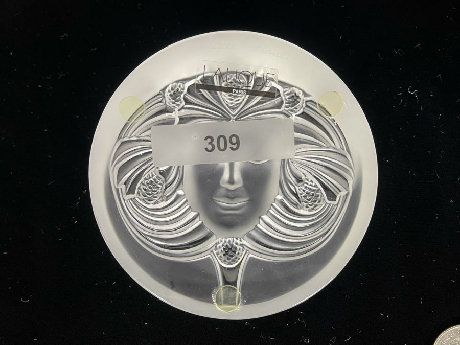 Signed Pair Of Lalique France Crystal Paperweights With Goddess Psyche Face 3.5W Retails $520 Each [Photo 7]