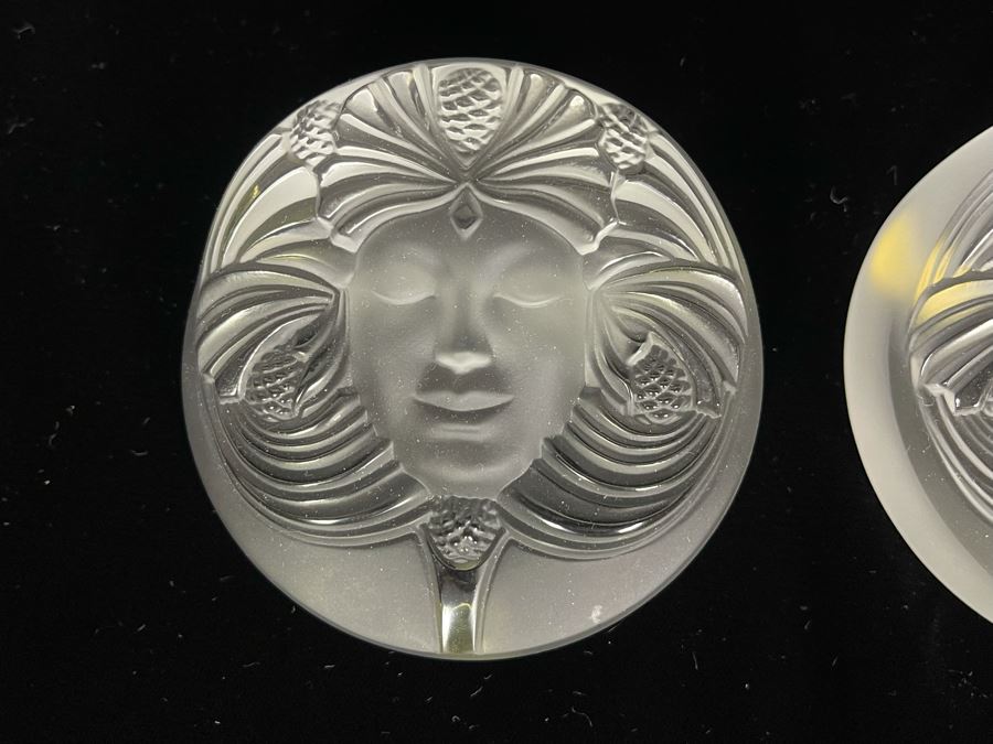 Signed Pair Of Lalique France Crystal Paperweights With Goddess Psyche Face 3.5W Retails $520 Each [Photo 4]
