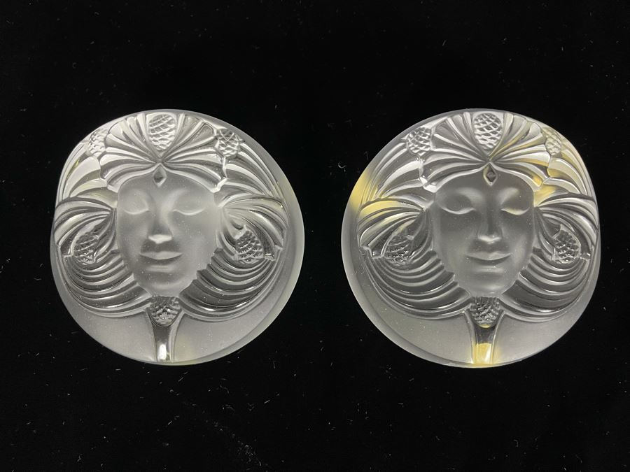 Signed Pair Of Lalique France Crystal Paperweights With Goddess Psyche Face 3.5W Retails $520 Each [Photo 2]