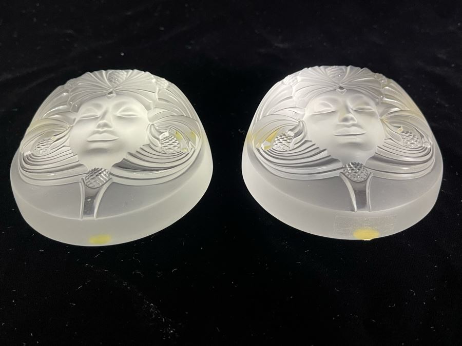 Signed Pair Of Lalique France Crystal Paperweights With Goddess Psyche Face 3.5W Retails $520 Each [Photo 5]