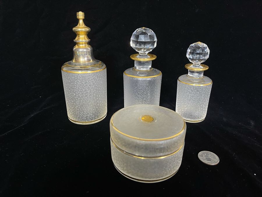 JUST ADDED - Vintage Saint-Louis Hand Painted Powder Jar, Perfume Bottle And Pair Of Bottles With Stoppers