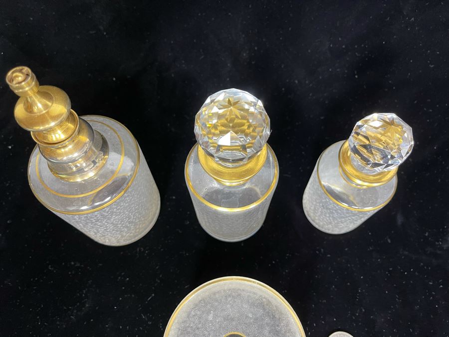 JUST ADDED - Vintage Saint-Louis Hand Painted Powder Jar, Perfume Bottle And Pair Of Bottles With Stoppers [Photo 4]