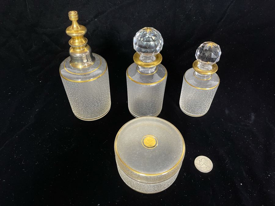 JUST ADDED - Vintage Saint-Louis Hand Painted Powder Jar, Perfume Bottle And Pair Of Bottles With Stoppers [Photo 2]