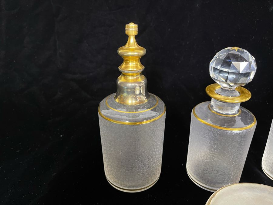 JUST ADDED - Vintage Saint-Louis Hand Painted Powder Jar, Perfume Bottle And Pair Of Bottles With Stoppers [Photo 5]