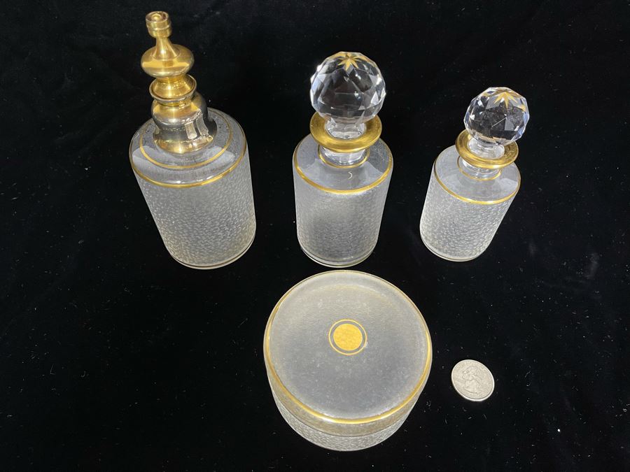 JUST ADDED - Vintage Saint-Louis Hand Painted Powder Jar, Perfume Bottle And Pair Of Bottles With Stoppers [Photo 3]