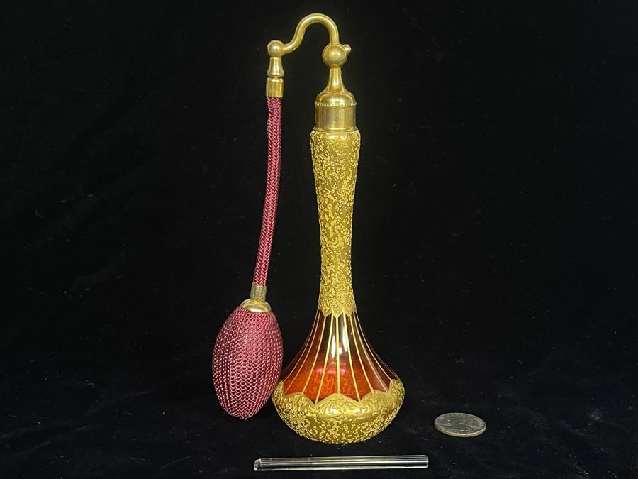 JUST ADDED - Vintage DeVilbiss Hand Painted Perfume Atomizer Bottle 7.5H - Inside Glass Tube Broken Off [Photo 1]