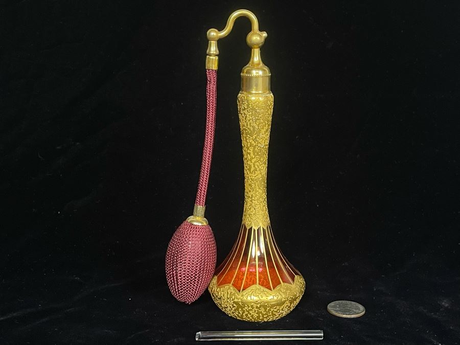 JUST ADDED - Vintage DeVilbiss Hand Painted Perfume Atomizer Bottle 7.5H - Inside Glass Tube Broken Off [Photo 2]