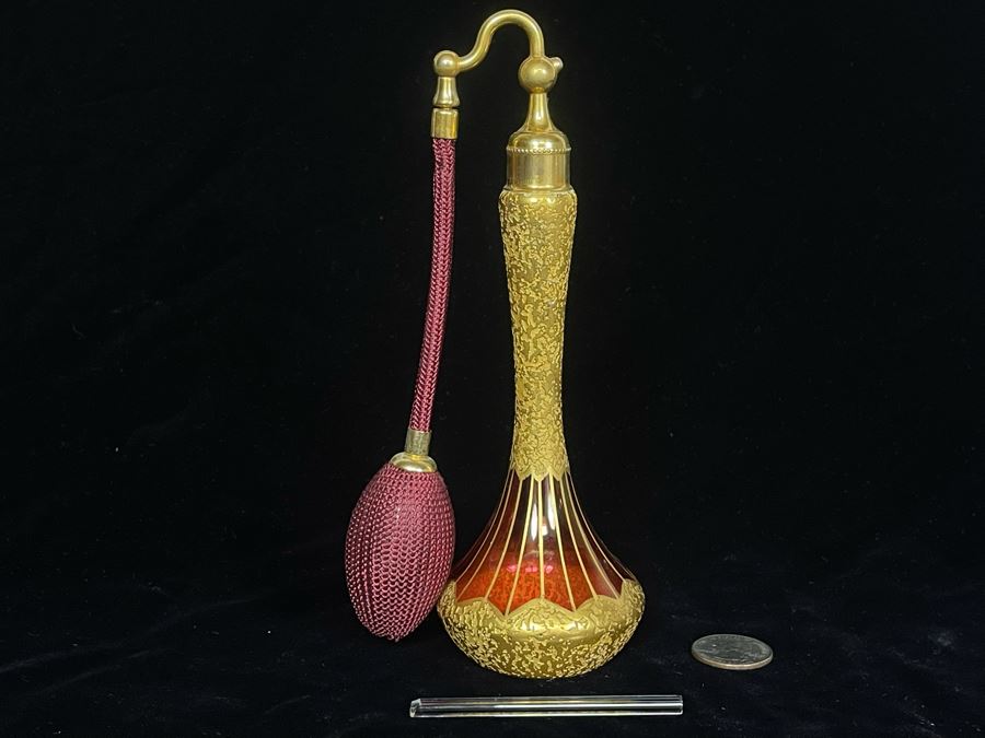 JUST ADDED - Vintage DeVilbiss Hand Painted Perfume Atomizer Bottle 7.5H - Inside Glass Tube Broken Off [Photo 3]