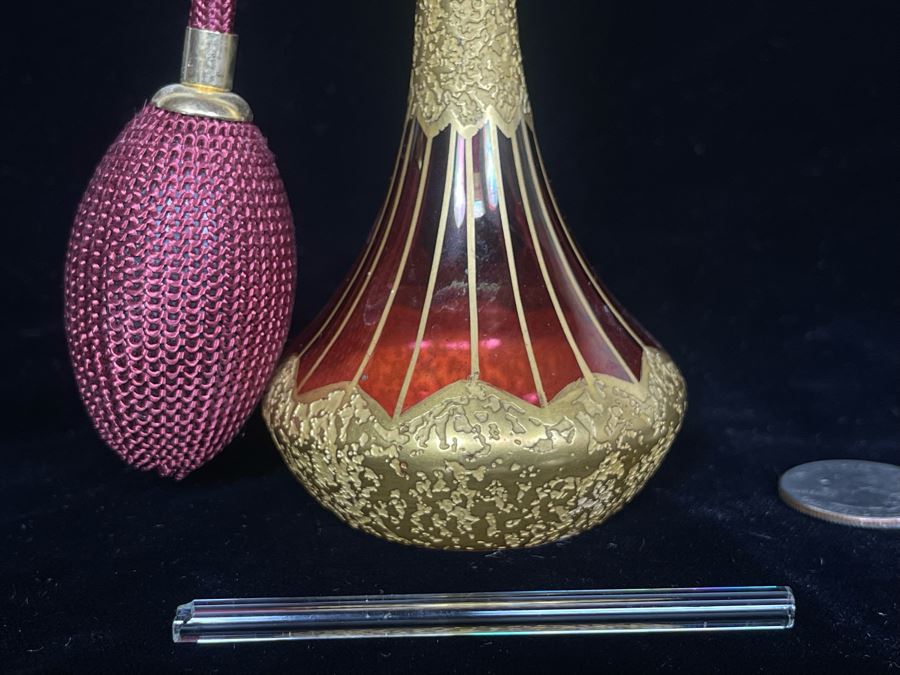 JUST ADDED - Vintage DeVilbiss Hand Painted Perfume Atomizer Bottle 7.5H - Inside Glass Tube Broken Off [Photo 4]