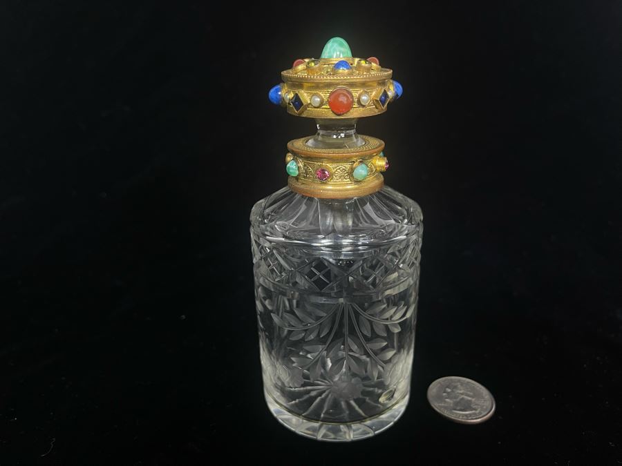 Antique Austrian Jeweled Etched Crystal Perfume Bottle (Tip Of Glass Stopper Is Chipped - See Second Photo) 5H [Photo 4]