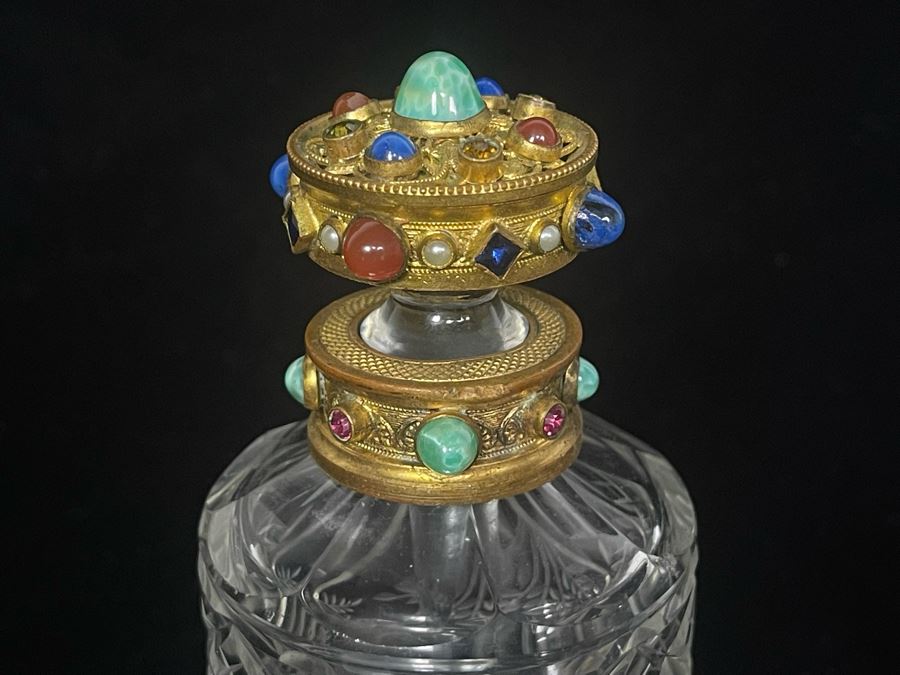Antique Austrian Jeweled Etched Crystal Perfume Bottle (Tip Of Glass Stopper Is Chipped - See Second Photo) 5H [Photo 12]