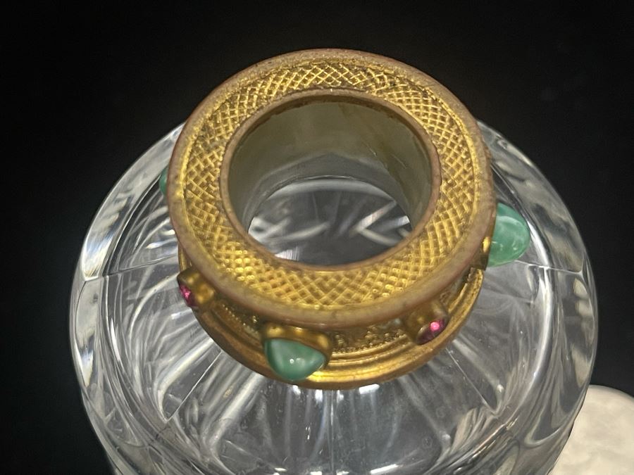 Antique Austrian Jeweled Etched Crystal Perfume Bottle (Tip Of Glass Stopper Is Chipped - See Second Photo) 5H [Photo 15]