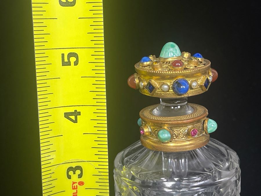 Antique Austrian Jeweled Etched Crystal Perfume Bottle (Tip Of Glass Stopper Is Chipped - See Second Photo) 5H [Photo 16]