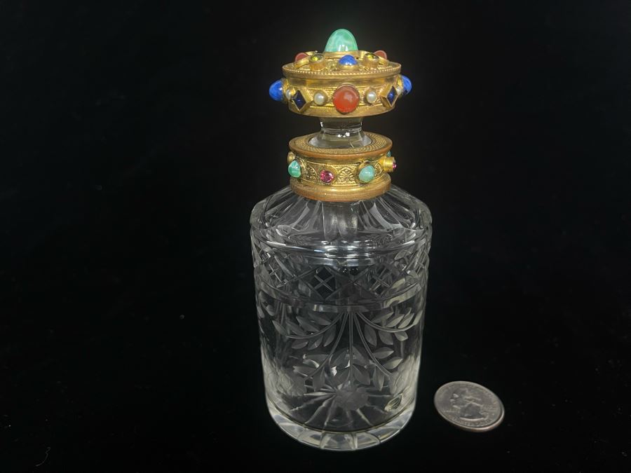 Antique Austrian Jeweled Etched Crystal Perfume Bottle (Tip Of Glass Stopper Is Chipped - See Second Photo) 5H [Photo 5]