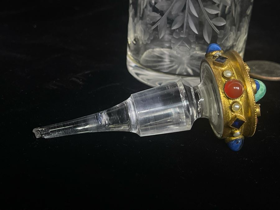 Antique Austrian Jeweled Etched Crystal Perfume Bottle (Tip Of Glass Stopper Is Chipped - See Second Photo) 5H [Photo 2]