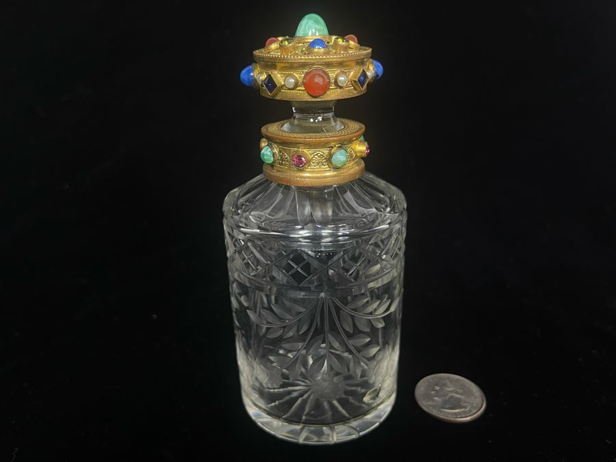 Antique Austrian Jeweled Etched Crystal Perfume Bottle (Tip Of Glass Stopper Is Chipped - See Second Photo) 5H [Photo 1]
