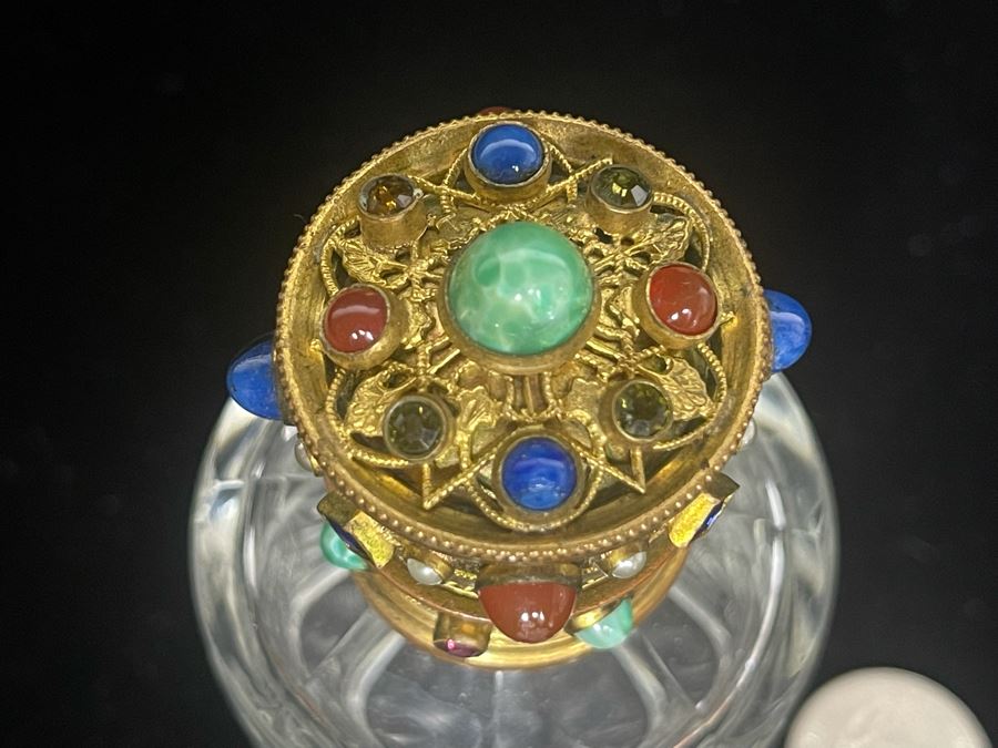Antique Austrian Jeweled Etched Crystal Perfume Bottle (Tip Of Glass Stopper Is Chipped - See Second Photo) 5H [Photo 7]