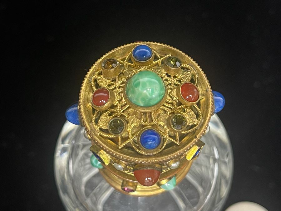 Antique Austrian Jeweled Etched Crystal Perfume Bottle (Tip Of Glass Stopper Is Chipped - See Second Photo) 5H [Photo 6]