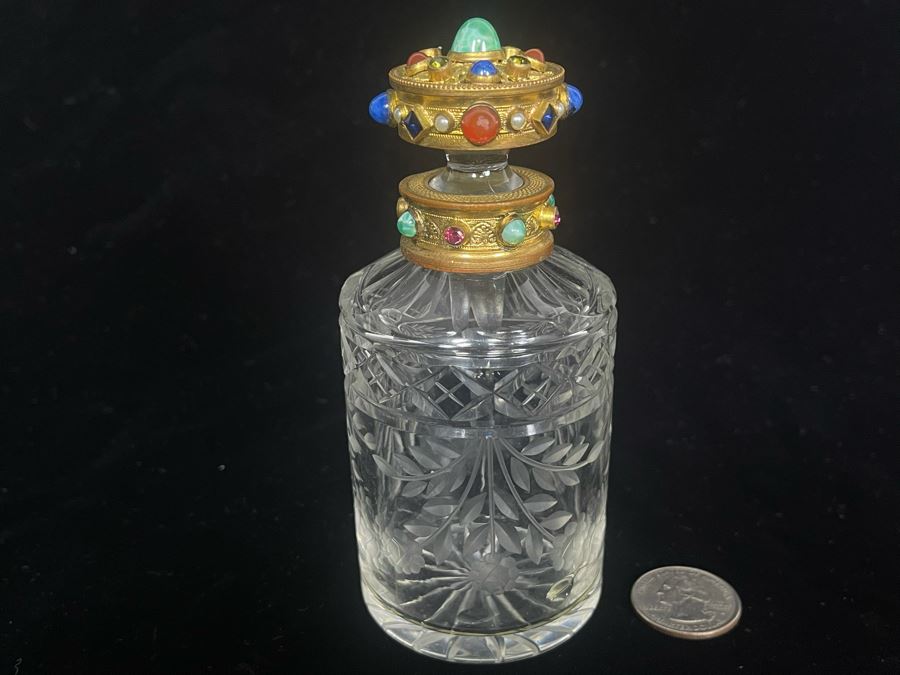 Antique Austrian Jeweled Etched Crystal Perfume Bottle (Tip Of Glass Stopper Is Chipped - See Second Photo) 5H [Photo 9]
