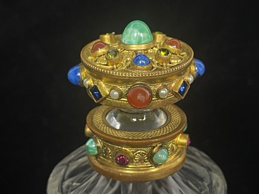 Antique Austrian Jeweled Etched Crystal Perfume Bottle (Tip Of Glass Stopper Is Chipped - See Second Photo) 5H [Photo 3]