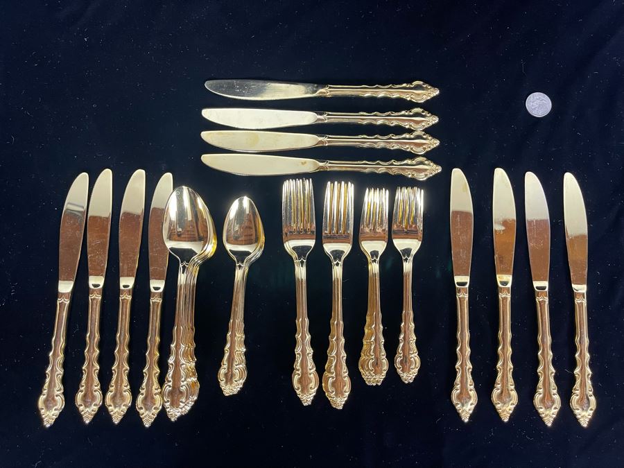 JUST ADDED - Gold Tone Rogers Stainless Flatware Apx Service For 12