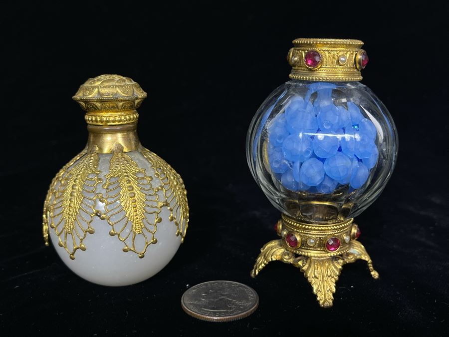 JUST ADDED - Pair Of Ornate Bottles 2.5H, 3.5H