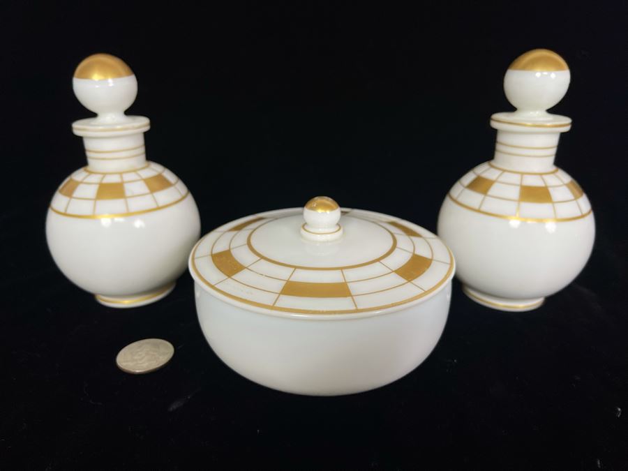 JUST ADDED - Vintage Art Deco Powder Jar With Pair Of Bottles With Stoppers [Photo 2]