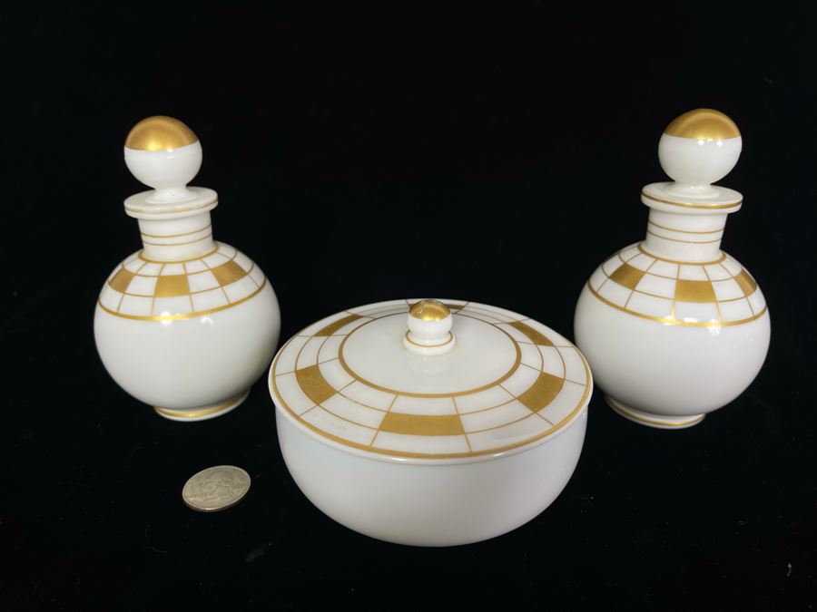 JUST ADDED - Vintage Art Deco Powder Jar With Pair Of Bottles With Stoppers [Photo 3]