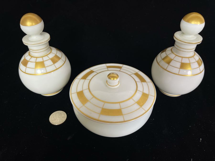JUST ADDED - Vintage Art Deco Powder Jar With Pair Of Bottles With Stoppers [Photo 4]