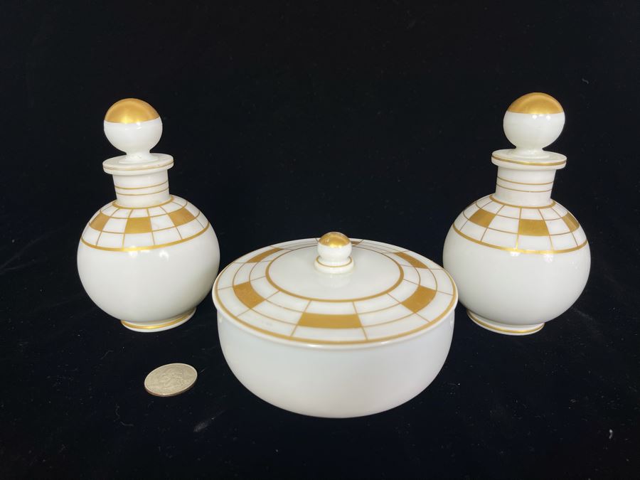 JUST ADDED - Vintage Art Deco Powder Jar With Pair Of Bottles With Stoppers [Photo 1]