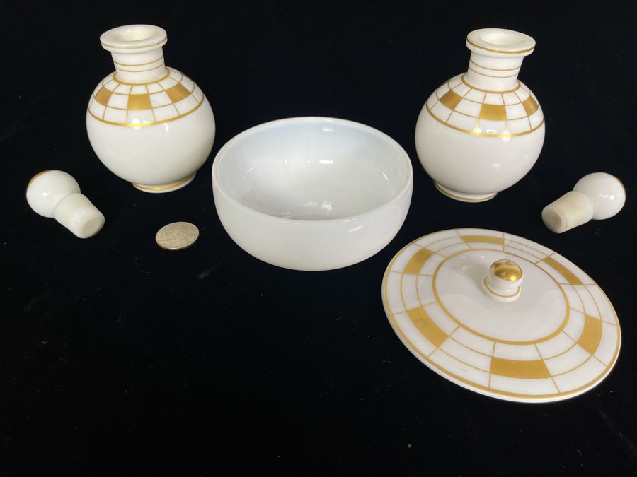 JUST ADDED - Vintage Art Deco Powder Jar With Pair Of Bottles With Stoppers [Photo 5]