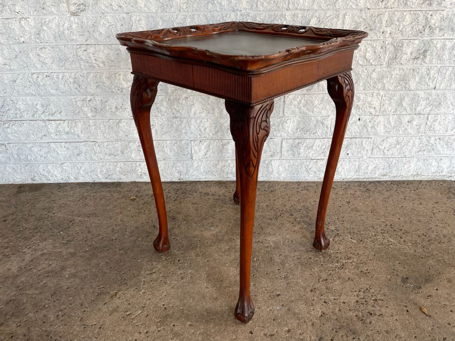 JUST ADDED - Vintage Wooden Leather Top Side Table With Claw Feet 20 X 20 X 28H [Photo 6]