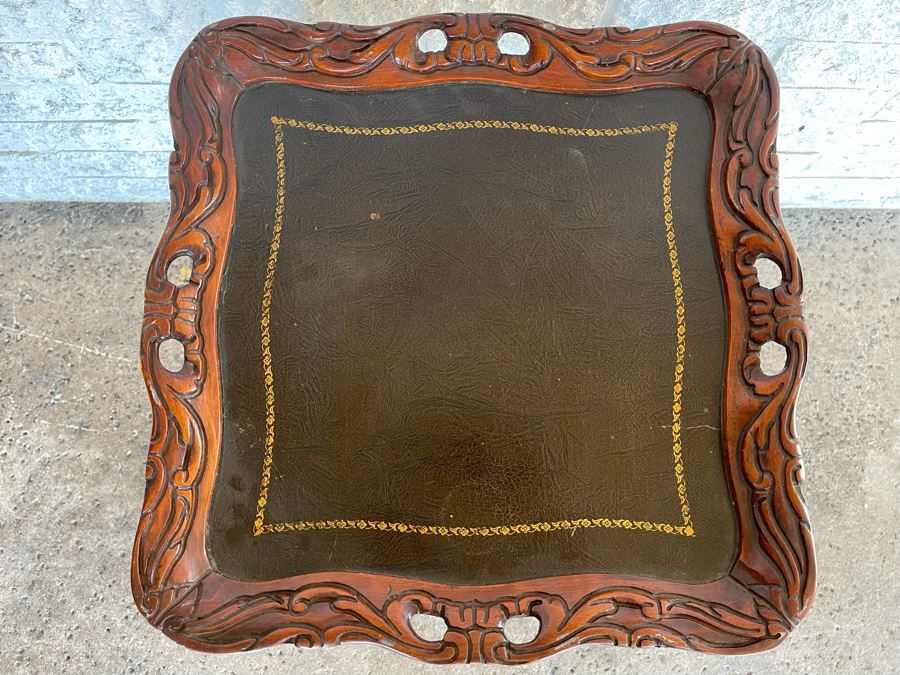 JUST ADDED - Vintage Wooden Leather Top Side Table With Claw Feet 20 X 20 X 28H [Photo 4]