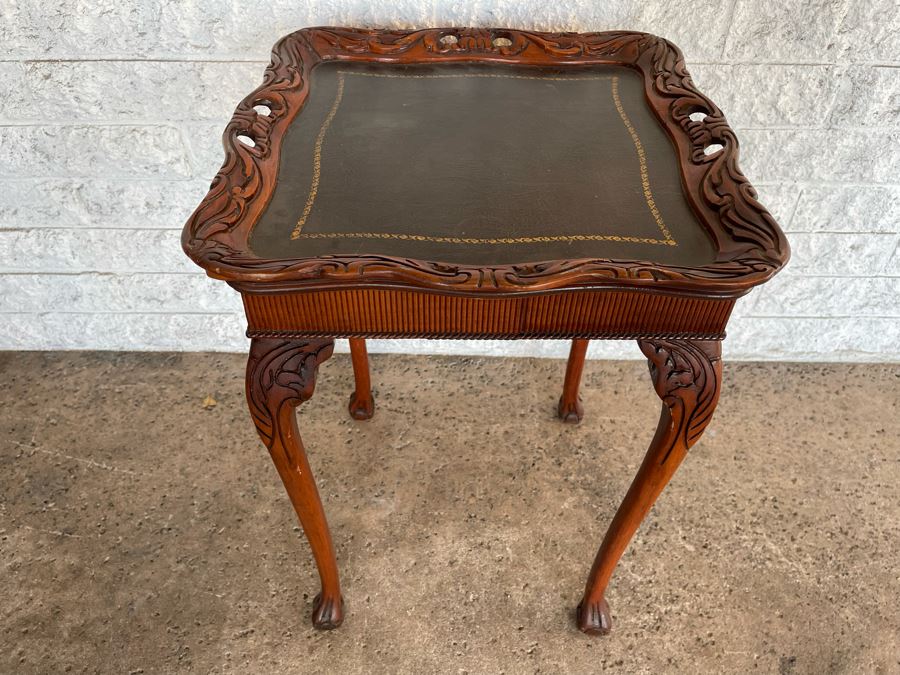 JUST ADDED - Vintage Wooden Leather Top Side Table With Claw Feet 20 X 20 X 28H [Photo 2]