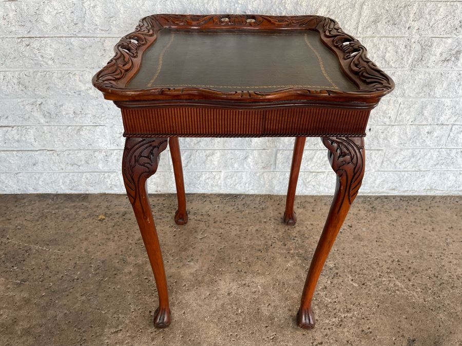 JUST ADDED - Vintage Wooden Leather Top Side Table With Claw Feet 20 X 20 X 28H [Photo 1]