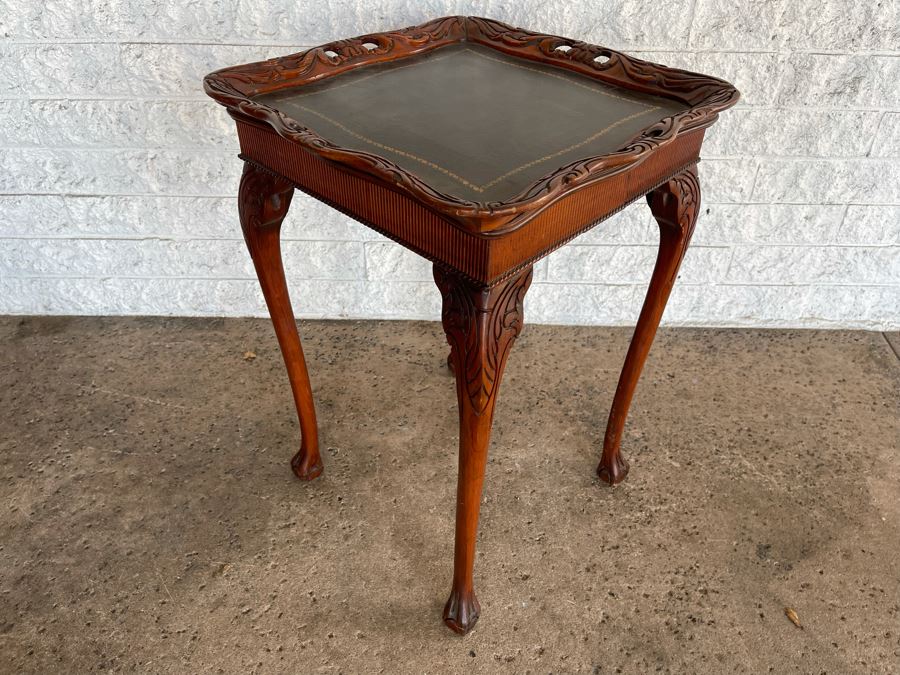 JUST ADDED - Vintage Wooden Leather Top Side Table With Claw Feet 20 X 20 X 28H [Photo 5]