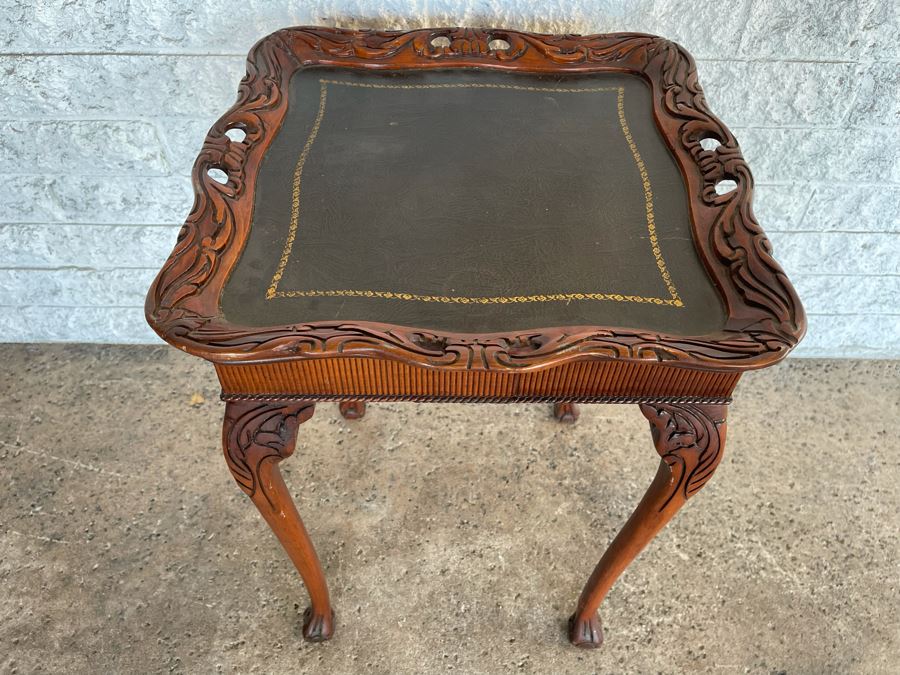 JUST ADDED - Vintage Wooden Leather Top Side Table With Claw Feet 20 X 20 X 28H [Photo 3]