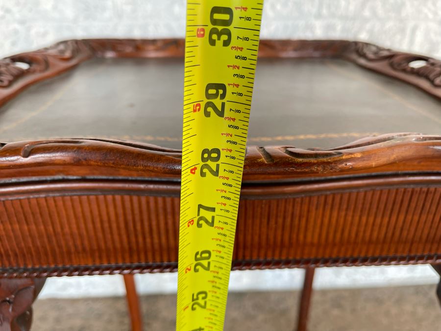 JUST ADDED - Vintage Wooden Leather Top Side Table With Claw Feet 20 X 20 X 28H [Photo 8]