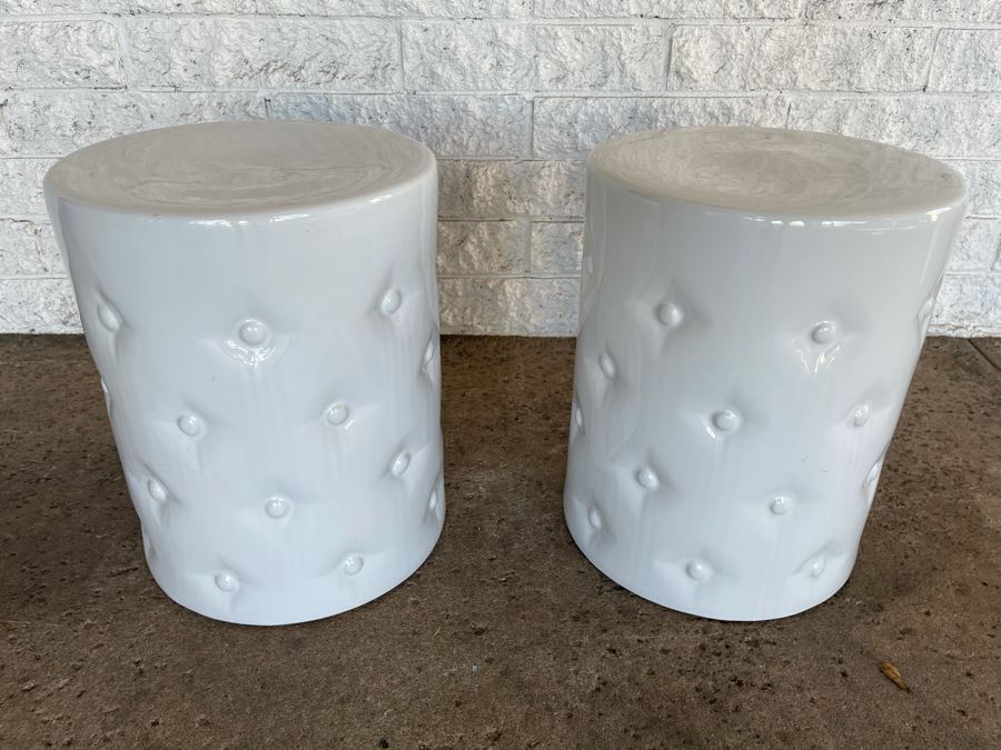JUST ADDED - New Pair Of White Ceramic Stools 14R X 17H Retails $240