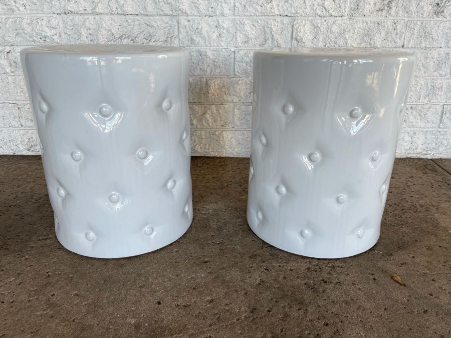 JUST ADDED - New Pair Of White Ceramic Stools 14R X 17H Retails $240 [Photo 2]