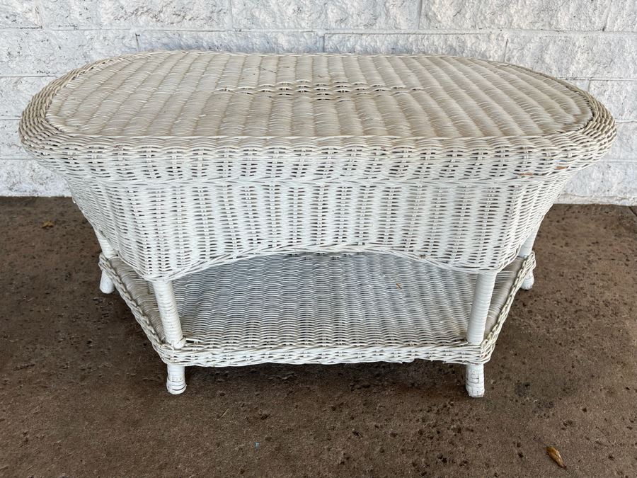 JUST ADDED - Painted White Wicker Two-Level Coffee Table 34W X 20D X 16H [Photo 1]
