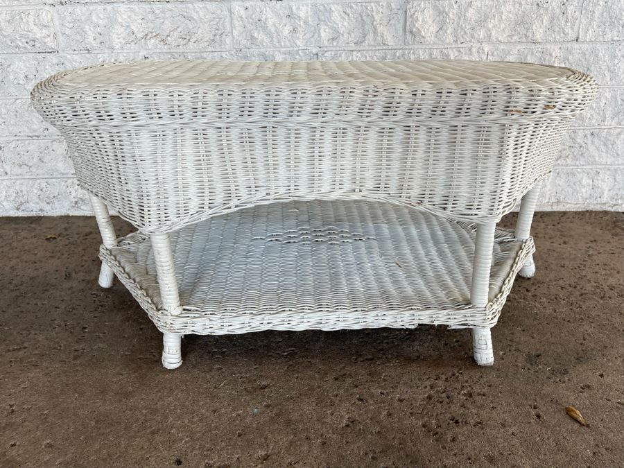 JUST ADDED - Painted White Wicker Two-Level Coffee Table 34W X 20D X 16H [Photo 3]