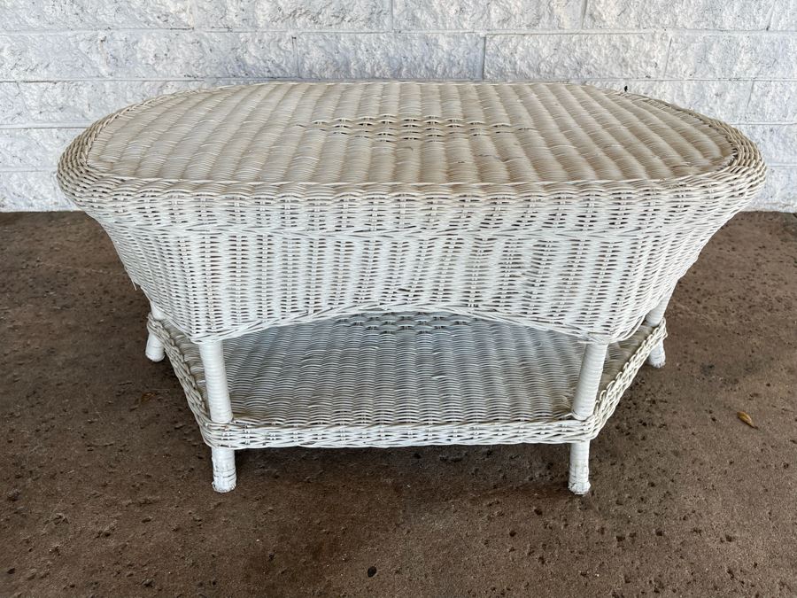 JUST ADDED - Painted White Wicker Two-Level Coffee Table 34W X 20D X 16H [Photo 7]