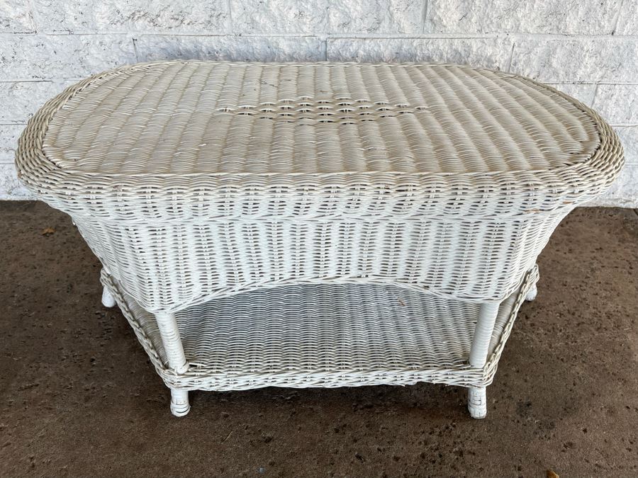 JUST ADDED - Painted White Wicker Two-Level Coffee Table 34W X 20D X 16H [Photo 2]