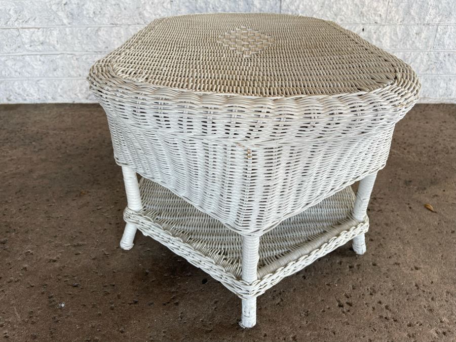 JUST ADDED - Painted White Wicker Two-Level Coffee Table 34W X 20D X 16H [Photo 6]