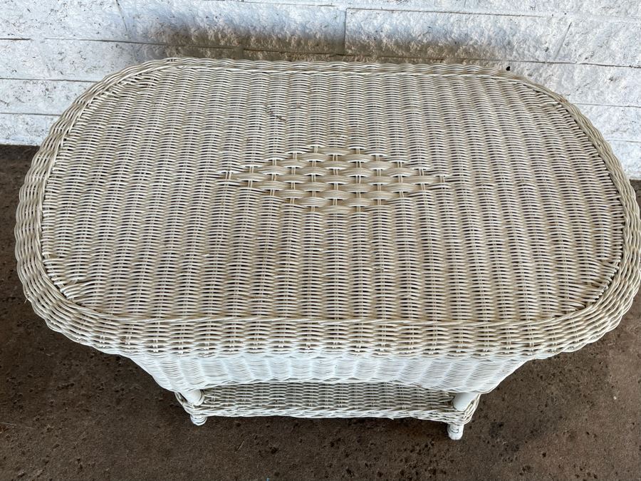 JUST ADDED - Painted White Wicker Two-Level Coffee Table 34W X 20D X 16H [Photo 4]
