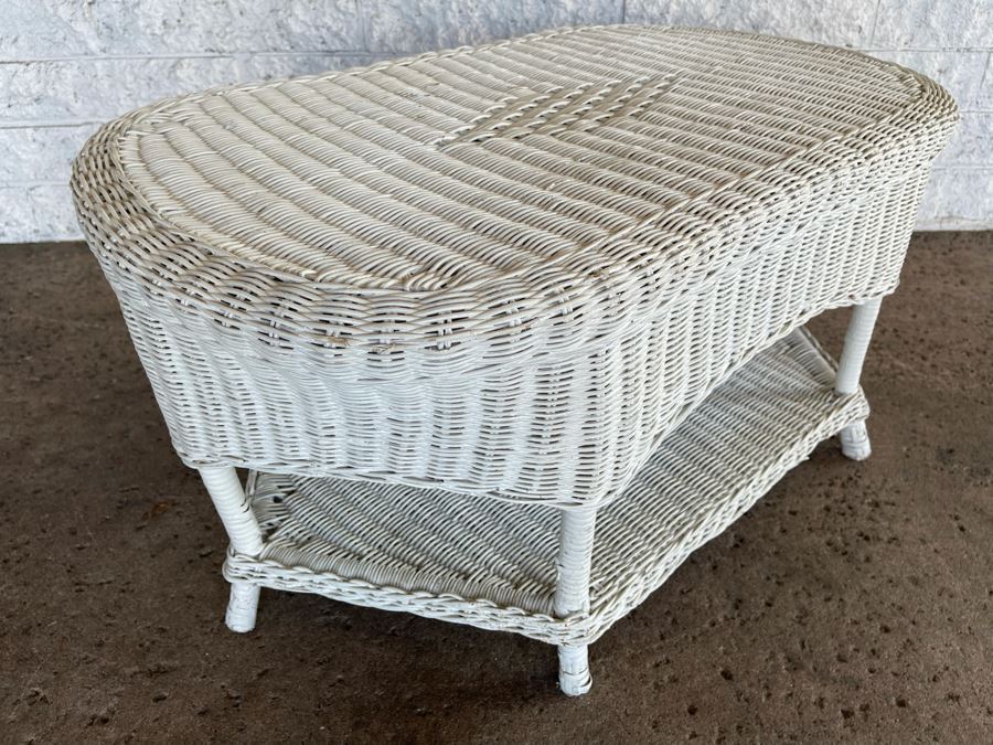 JUST ADDED - Painted White Wicker Two-Level Coffee Table 34W X 20D X 16H [Photo 5]