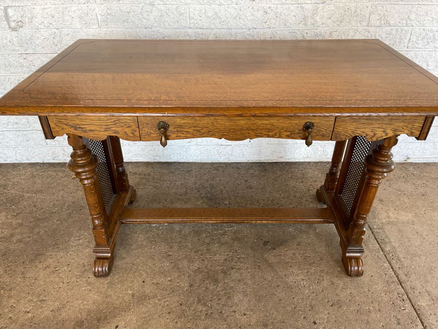 JUST ADDED - Vintage Oak Writing Desk With Case Sides And Claw Feet 47.5W X 25D X 29.5H [Photo 2]