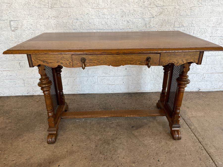 JUST ADDED - Vintage Oak Writing Desk With Case Sides And Claw Feet 47.5W X 25D X 29.5H