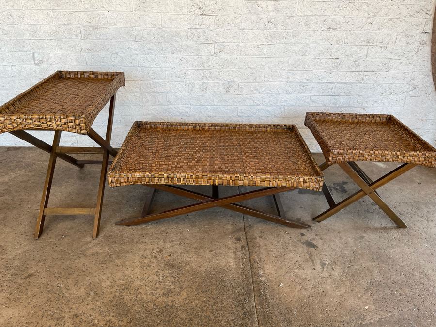 JUST ADDED - Set Of Three Pier 1 Imports Side Tables Coffee Table Collapsible Stands Trays 35 X 18 X 31, 48 X 30 X 16, 24 X 24 X 22 [Photo 2]